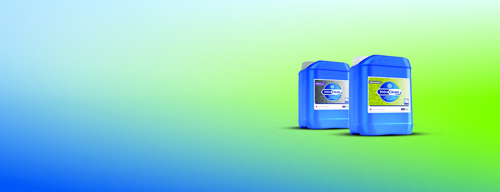 Packshots of Intra Clean Organics and Intra Clean Minerals with blue and green gradient background